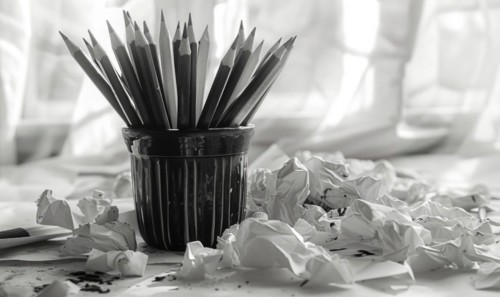 Graphite pencils arranged in a cup on a desk, surrounded by crumpled sheets of discarded white