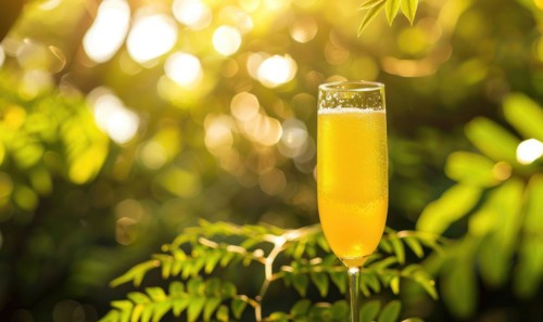 A close-up shot of a orange juce glass, bokeh lights AI generated