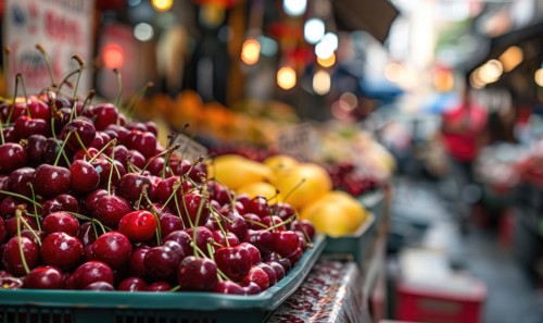 Closeup view of rip cherries selling on city market AI generated
