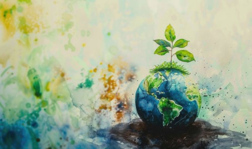 Vibrant watercolor painting of Earth with tree saplings growing on top AI generated