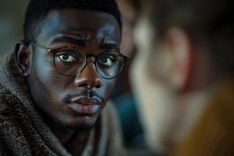 Close-up of a serious man with an intense gaze, reflecting deep thoughts or concern, AI generated