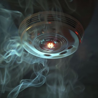 A smoke detector on the ceiling activates with visible smoke around it, AI generates, AI generated