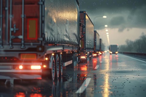 Traffic jam, congested motorway with many lorries and cars in rainy weather, poor weather