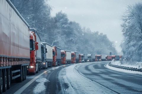 Traffic jam, congested motorway with many lorries and cars in winter, bad weather conditions, snow