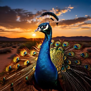 Peacock with the full display of magnificent plumage usp in each feather in the Thar desert, AI