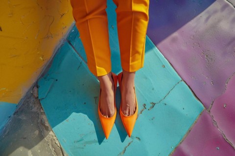 A pair of orange high heels on a multicolored geometric patterned floor, AI generated