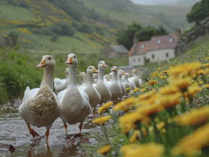 Geese walking along a riverbed surrounded by yellow flowers with a village in the background, AI