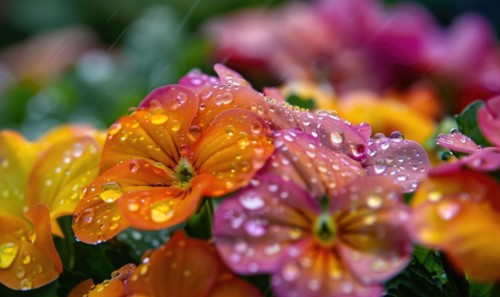 Raindrops falling on colorful spring flowers in a garden AI generated