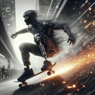 A cybernetic figure with a robotic leg skating swiftly through a wet city street, AI generated