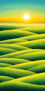 AI generated abstract painting of grasslands under a blazing sunset waves of greens