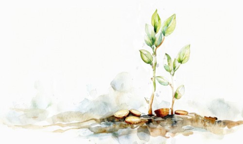 Tree sprout with coins growing from its buds, watercolor illustration on white background AI