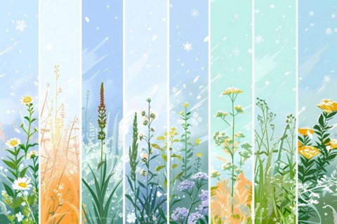 Four vertical panels representing different seasons with respective flowers and weather,