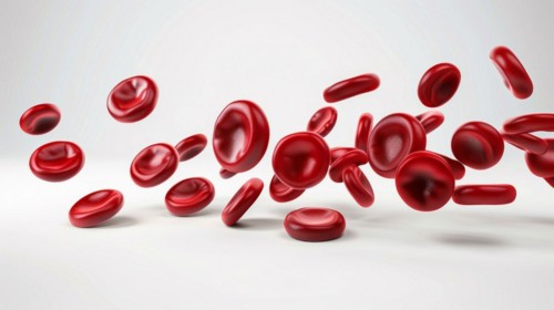 Red blod cells suspended in mid-air against a white background, suggesting motion, ai generated, AI