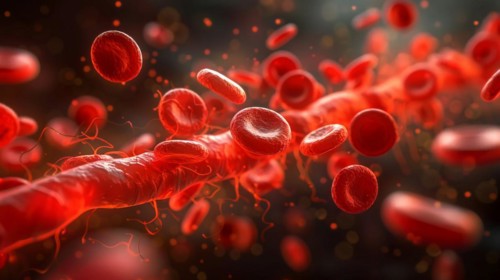 Detailed microscopic view of red blood cells with a sense of motion, ai generated, AI generated