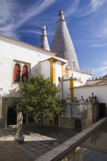 Inner courtyard with view of the chimney stacks at the National Palace of Sintra, Sintra, Portugal,