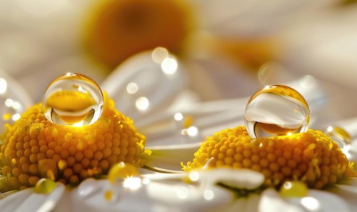 Chamomile essential oil droplets on chamomile flowers, nature beauty background AI generated