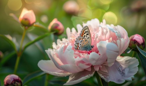 Close-up of a peony flower with a butterfly resting on its petals AI generated