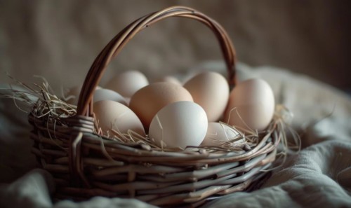 Eggs arranged in a wicker basket AI generated