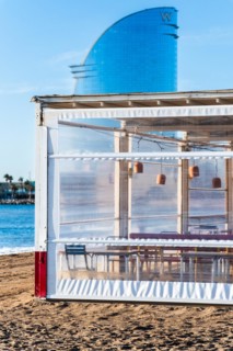 Empty beach cafe in the morning on the beach in Barcelona, Spain, Europe