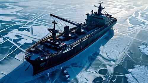 Aerial view of churned ice and open water trailing an icebreaker through pristine icy wilderness,