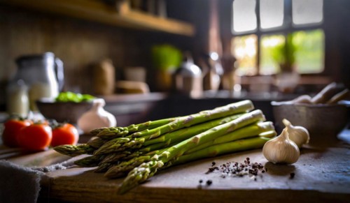 Green asparagus in a rustic farmhouse kitchen, AI generated, AI generated