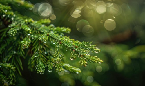 Closeup view on cedar branch in rain drops, bokeh background AI generated