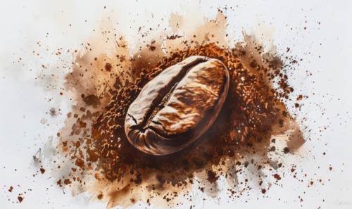 Vibrant watercolor painting of a coffee bean surrounded by coffee grounds AI generated