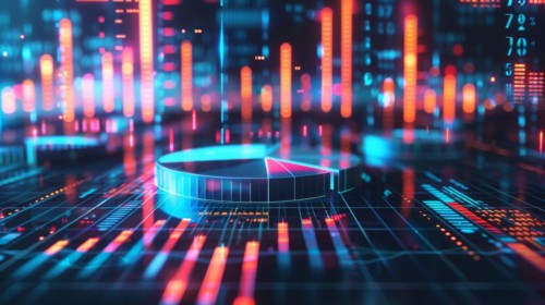 Futuristic holographic pie chart representing data analytics in a neon-lit cyber environment, ai