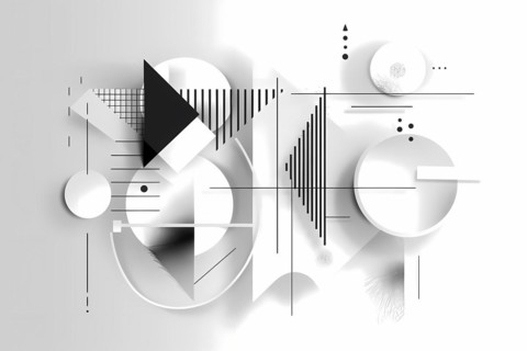 Minimalist black and white abstract composition with geometric shapes like circles and triangles,