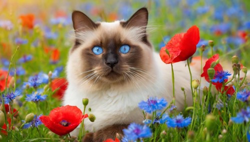 KI generated, animal, animals, mammal, mammals, cat, felidae (Felis catus), a cat lies in a meadow
