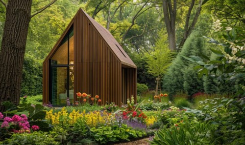 A minimalist modern wooden cabin surrounded by a variety of spring flowers and lush green foliage