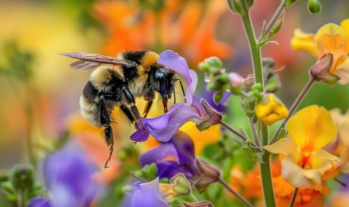 Bumblebee collecting pollen from flowers, closeup view, selective focus AI generated