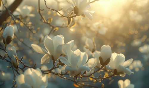 Magnolia blossoms illuminated by soft sunlight filtering through the trees AI generated