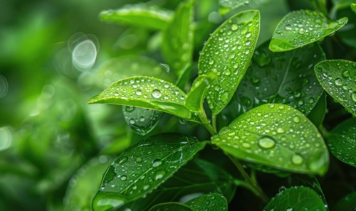 Raindrops on fresh green leaves, close up view of spring green leaves, nature background AI