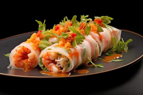 Delicious Fresh Spring Rolls Goi Cuon on Dark Plate, AI generated