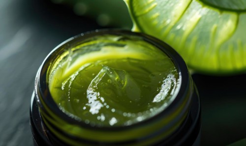 Close-up of a blank jar mockup filled with aloe vera face cream, skin care routine AI generated