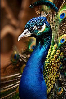 Peacock with the full display of magnificent plumage usp in each feather in the Thar desert, AI