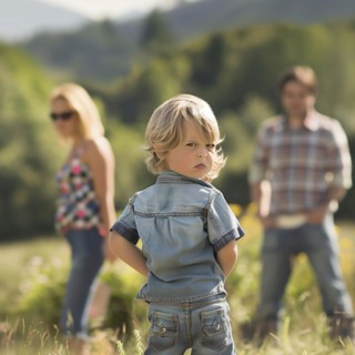 Sceptical child in the foreground with family turning away in the rural background, AI generated