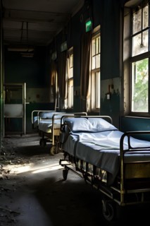 Rows of empty rusting hospital beds suspended in the melancholy, AI generated, hospital, damage,