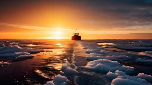 Icebreakers path through polar sea at sunrise, AI generated