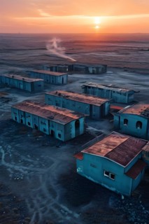 Aerial view of deserted military base featuring empty barracks and abandoned tanks in silent, AI