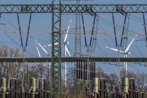 Stendal West substation with wind turbines in the background near Luederitz, Stendal,