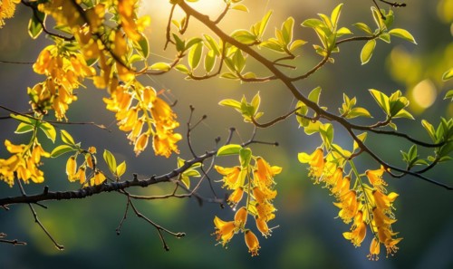 Laburnum branches reaching towards the sunlight AI generated