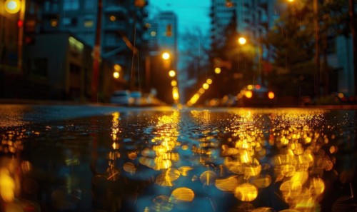 A city street illuminated by the soft glow of streetlights during a rainy evening AI generated
