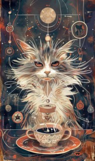 A cat is sitting on a table with a cup of coffee in front of it. The cat appears to be angry and is