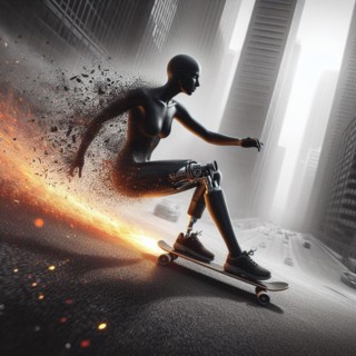 Mannequin-like figure skateboarding with a dynamic splash effect in an urban setting, AI generated
