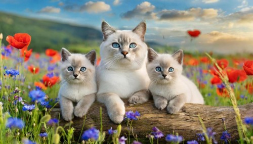 KI generated, animal, animals, mammal, mammals, cat, felidae (Felis catus), a cat and two kittens