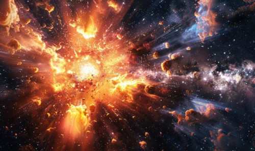 Digital depiction of a fiery cosmic explosion scattering stars and debris in space AI generated