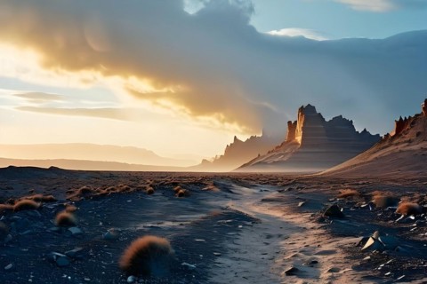 Patagonian desert landscape with powerful wind shaping landforms isolated rock formations, AI