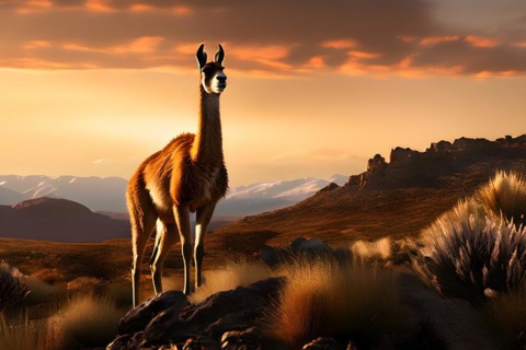 Guanaco standing on a solitary hill in the patagonian deserts sparsely vegetated landscape, AI
